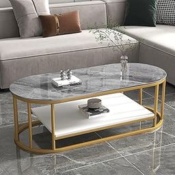 Crown Art SHOPPEEModern Middle Table, Living Room with Shelf, Oval Coffee Table with Engineer woodTop and Metal Metal Frame Base, Table for Living Room, Office, (Grey White Gold, 2 TR)-image-38