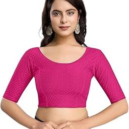 Avnils's Women's Dobby Pure Cotton Elastin Stretchable Readymade Round Neck Elbow Length Sleeves Blouse Choli with Textured Pattern (Pink, 32)-image-84