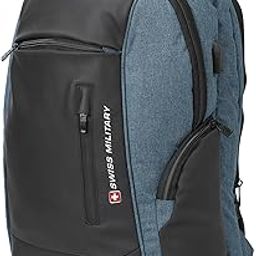Swiss Military Laptop Backpack 15.6 Inch with USB Charging Port, Chest Compression Straps, Anti-Theft, Water-Resistant with Rain Cover, Spacious 28L Travel Backpack for Men, Office, College, Blue-1