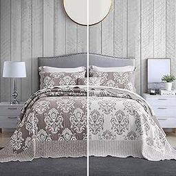 HZ & HY Oversized King Bedspread, Jacquard Matelasse Damask Pattern Design, Lightweight, Reversible, 5 Piece, 100% Microfiber, Tan Brown-image-77
