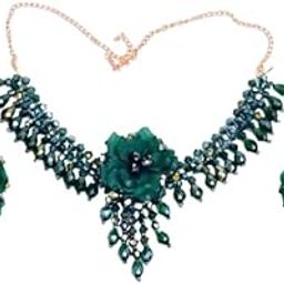 Traditional Green Glass Stone Necklace Set with Matching Earrings for Women & Girls | Ethnic Kundan-Inspired Jewelry Set for Wedding, Festive | Adjustable Neckpiece with Stud Earring-image-56
