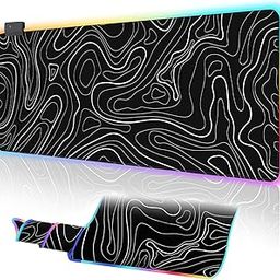 UJoowalk RGB Gaming Mouse Pad, Topographic Large, LED XL Keyboard and Mouse Pad, Desk Mat, 31.5 x 11.8 in, Black Minimalist Line Desk Pad-21