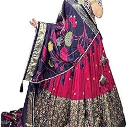 Women's print chaniya choli showcases intricate ajrakh print Foil Work Patola Print Semi-stitched Lehenga choli-image-82
