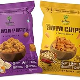 Supreem Super Foods Normalife® Gluten Free Quinoa Puffs (Roasted Puffs Snack with Cheese & Garlic) + Soya Chips (Chatpata Masala) | Healthy Air Fried Snacks | Combo Pack of 2 (Each 100 gms))-image-90