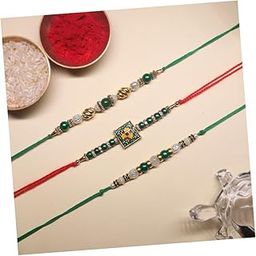 SVASTAM Designer Rakhi Set of 3, Green White Golden with Flower Beads Pearls and Roli Chawal Pack for Brother-12