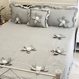 Maeri Light Grey 3D Flower Bedcover Set | King Size | 4 Piece Set Includes 1 Bedcover, 2 Pillow Covers, and 1 Cushion with Filler | Elegant & Soft Bedding Set-27