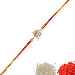 Mens Traditional Gold Plated Elegant and Stylish Rhinestones Rakhi for Beloved Brother Pack of 1 with Roli Kumkum Packets and Happy Rakshabandhan Card-image-51