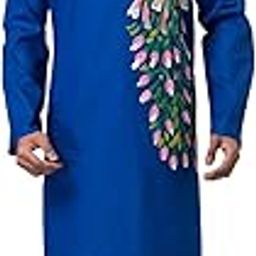 Men's Royal Blue Kurta with Leafy Embroidery - Festive Ethnic Wear for Weddings, Celebrations & Special Occasions-image-10