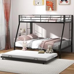 Twin Over Full Bunk Bed with Trundle, Heavy-Duty Metal Bed Frame with Guardrail & 2 Ladders, Space-Saving for Teens/Adults, No Box Spring Needed-image-49