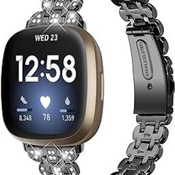 Replacement Watch Bands Compatible with Fitbit Versa 4/Sense 2 for Women,Stainless Steel Dressy Jewelry Bracelet Slim Bling Crystal Classy Diamond Metal Strap-12