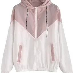 quecy Women's Color Block Drawstring Hooded Zip Up Sports Jacket Windproof Windbreaker with Pocket |Pink |S-picture-45