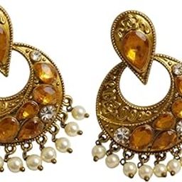 Traditional Gold-Plated Earrings with Amber Stones and Pearl Drops, Crescent Design, Wedding Jewellery-15