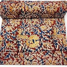 Kalamkari Cotton Block Print Unstitched Blouse Material, Traditional Floral Pattern, Red Blue Yellow-10