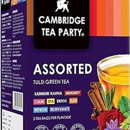 Cambridge Tea Party Assorted Tea,Sampler Pack,24 Tulsi Green Tea Bags,Detox Kahwa,Kashmiri Kahwa,Spa Lemongrass,Immunity Honey Lemon Ginger,Calm Chamomile,Slim Orange,3 Tea Bags Per Flavour, 57 gm-image-51