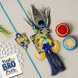 eCraftIndia Radha Krishna Designer Rakhis for Brother and Bhabhi | Bhaiya Bhabhi Rakhi Set of 2 | Lumba Rakhi for Bhabhi | Best Bro Ever Fridge Magnet | Roli Chawal Pack-8