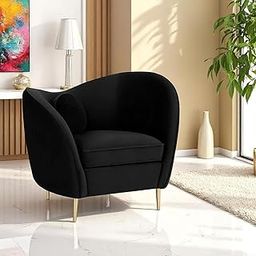 Fine Wood Art - Modern Half Round Accent Chair, Round Pillow, Wave Back Chair Velvet Upholstery, Gold Metal Legs, Chair for Living Room, Bedroom, Hallway, Guest Room. (Black)-image-82