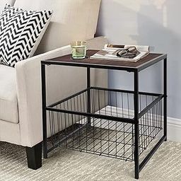 INDIAN DECOR 89100 Square End Table with Basket 20 Inch, Black Metal Night Stand, Modern Side Table Storage Basket for Living Room Bedroom-image-53