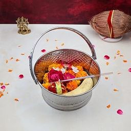 TORPPEZA Stainless Steel Puja Tokari | Traditional Pooja Basket for Flower and Fruits Round Flower Daliya With Handle (Size : 21cm | Weight : 289gm Approxe)-image-92