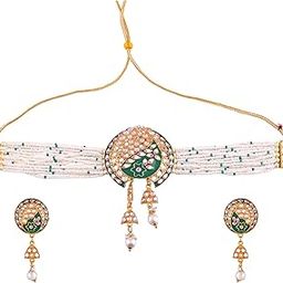Gold Plated Traditional Polki Kundan Choker Set with Pearl Strands|Ethnic Jewelry for Special Occasions – OSSP-1331-IGGN NKER-37