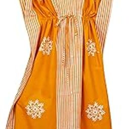 Women's Cotton Hand Dyed Batik Kaftan Nighty with Drawstring Waist | V-Neck Printed Free Size Relaxed Fit Casual Sleepwear Loungewear Nightwear Kaftan Dress Gift (Yellowtripe)-image-90