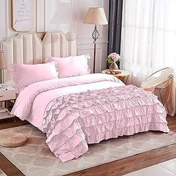 3 Piece Half Ruffle Duvet Cover Set-100% Egyptian Cotton, Zipper Closure Half Ruffle Duvet/Rajai Cover & 2 Pillow Cover, 600 TC, Cozy & Breathable-Pink Solid, King Size-image-17