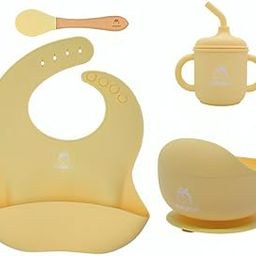 Babylief™ Baby Feeding Set, 4 Pieces, Silicone Bib, Cup with Straw, Bowl with Suction Base and Spoon, Multicolour-24