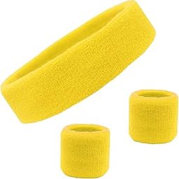 Sweatband Set Cotton Sports Headband Terry Cloth Wristband Moisture Wicking Sweat Absorbing Head Band Athletic Exercise Basketball Wrist Sweatbands and Headbands by Kenz Laurenz (Yellow)-image-22