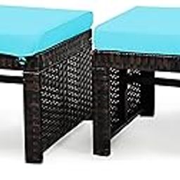 MJA FURNITURE Outdoor Ottoman for Sofa, Dressing Table | 2-Piece PE Rattan Wicker Footstools with Sky Waterproof Cushions, 49.5 x 39.4 x 28 cm | Patio Ottoman-image-92
