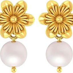 14K Gold Floral Pearl Drop Earrings for Women | Delicate & Elegant Design | BIS Hallmarked - 0.86g Gold Weight-image-52