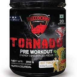 Red Horn Tornado Pre Workout Supplement Powder | 30 Servings, Fruit Punch (210g) | Beta Alanine, Taurine, Citrulline & Organic Caffeine for Energy, Focus, Performance, Strength & Stamina-image-63