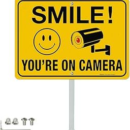 Faittoo Smile Your On Camera Signs with 36" Stake for Outside, 14"x10" Rust Free Heavy Aluminum, Reflective, Fade Resistant, 2 pre-drilled holes, Includes Matching Screws & Wrench, Easy to Mount-image-29
