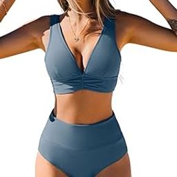Bikini Set for Women Two Piece Swimsuit High Waisted V Neck Ruched Front Wide Straps-image-74