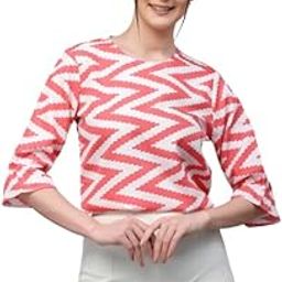 Women White and Coral Chevron Polyester Regular Smart Casual Tops-image-25