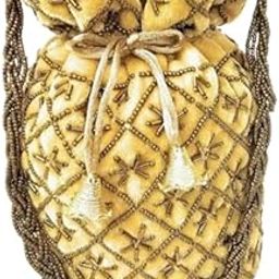 Decorative Potli Bag with Beaded Design, Gold Satin, Traditional Indian Style-image-23