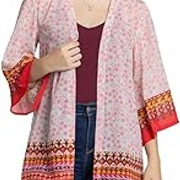 Pink Floral Printed Open Front Longline Kimono Shrug for Women-picture-0