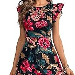 Girl's & Women's Floral Print Cap Sleeve Ruffle Trim Short Dress Summer Boho One Piece Mini Dress for Women Stylish Dresses (Midi 170)-image-81