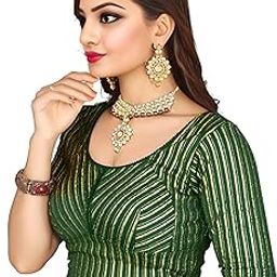 Stylish Golden Foil Stripe Designer Strechable Choli Katori Design Readymade Blouse for Women Comfort Blouse Round Neck Half Sleeves-image-26