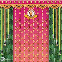 SHREERANG Pink Lotus Large Backdrop for Decoration Pooja Backdrop Decoration Cloth Decorated with Prints of Banana Leaves, Bells, Ganesha, Lotus & Marigold Flowers (8x8 Feet,Satin Polyester)-picture-13