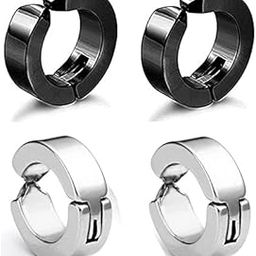 De-Ultimate (2 Pair) CMB7336 Trendy Black And Silver Round Shaped Press Non-Piercing Style Clip On Metal Barbell Earring Hoop Bali Stud For Men And Women-image-2