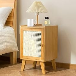 SPNOR Rattan Nightstand, Boho Side Table with Open Shelf, Couch Bedside End Table with Solid Wood Legs for Bedroom, Dorm and Small Spaces Living Room-image-38