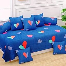 WELLNEST Microfibre Unique Patterns Diwan Set Covers 8 Pcs Set of 1 Bedsheet 2 Bolsters and 5 Cushion Covers - Blue Heart-image-91
