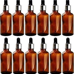 50 ML Amber Round Empty Glass Bottle + Glass Dropper + Silver Ring + Black Silicone Teat, Refillable, Reusable, Leak Proof for Essential Oils, Blends, DIY Perfumes (Pack of 12)-66