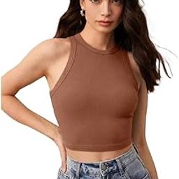 Solid Round Neck Sleeveless Casual Ribbed Crop Tank Top for Women-picture-6