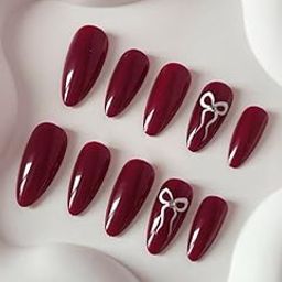 Set Of 14Pc, Press-On Nails, Short Almond Glossy Maroon with White Cute Bow Tie Design, Nail Extensions With Free Glue Kit-12