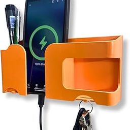 DSNS Mobile Wall Mount Stand Phone Holder with Remote Control Storage Racks, Key Hanger, Pen Holder Space/Self-Adhesive/Multi Purpose Accessories Pack of 1 (Orange)-13