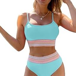 Women's 2 Piece Color Block Bikini Set Wireless Swimsuit High Waisted Bathing Suit-picture-32