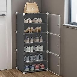 Zemic Portable Shoe Rack for Home Plastic with Door,Adjustable Plastic Shoe Rack for Bedroom/Outdoor Waterproof, Shoe Storage Organizer,High-Density PP Frame for Stability (6-SHELF-3-DOOR, Grey)-picture-26
