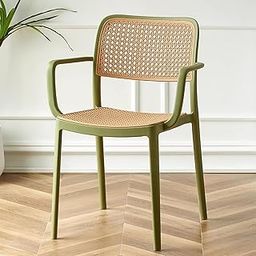 CreativeMid-Century Modern Rattan Dining Chair with Armrests – Green Plastic Frame & – Stylish & Durable Indoor/Outdoor Chair for Kitchen, Patio, Café, or Office | (Pack of 1)(Green)-image-52
