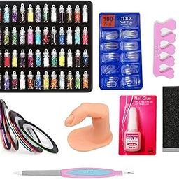 D.B.Z. ® Nail Art Kit - 48 Pcs Glass Bottles Multicolor Glitter,100 Tansparent Nails,5 Nail Tapes,1 Nail Practice Finger,1 Nail Art Buffer,1 Nail Glue,1 Sponge Toe Separator, 1 Nail File Tool-20
