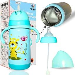 ZoZoBaa 2 in 1 Double Walled Vacuum SS304 Steel Baby Sipper, Heat Protective, Leakproof, Odourless,BPA Free|Thermosteel Insulated Bottle with Nipple, Weighted Straw, Handle, 300 ml, Blue-image-39